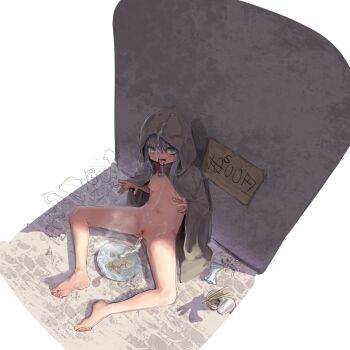 1girl :d after_vaginal aftersex bags_under_eyes barefoot bdsm blush breasts bukkake cape chopsticks cigarette cigarette_butt cigarette_pack cleft_of_venus cloak coin collar cum cum_in_mouth cum_in_pussy cum_on_body cum_on_clothes cum_on_hair cum_pool cumdrip instant_cup_noodles drooling feet female_focus full_body functionally_nude green_eyes highres hood hood_up hooded_cape instant_cup_noodles instant_noodles loli long_hair looking_at_viewer money naked_cape naked_cloak navel nipples on_ground open_mouth original poverty price price_tag prostitution purple_hair pussy shadow sign sitting slave small_breasts smile soles solo spread_legs teeth toes tongue tongue_out uncensored yamada_(gotyui)