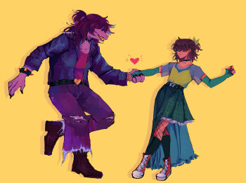 1girl 1other absurdres alternate_costume alternate_hairstyle black_jacket bracelet brown_hair collar colored_skin dancing dress fishnets full_body hair_over_eyes highres holding_hands jacket jewelry kris_(deltarune) light_smile nebbeli pants pink_skin ponytail soul_(deltarune) spiked_bracelet spiked_collar spikes straight-on susie_(deltarune) teeth torn_clothes torn_pants yellow_background