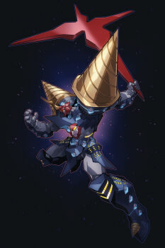 absurdres chinese_commentary chouginga_gurren-lagann commentary_request drill extra_eyes flying highres holding holding_weapon horns legs_apart mecha mecha_focus no_humans onion_maru open_hand robot science_fiction single_horn solo space star_(sky) super_robot tengen_toppa_gurren_lagann weapon yellow_eyes