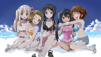 5girls :d ^_^ absurdres akiyama_mio ao_hito bare_arms bare_legs beach bikini black_bikini black_eyes blonde_hair blue_bikini blue_sandals blue_sky blush breasts brown_hair cherry_hair_ornament closed_eyes cloud commentary_request day embarrassed flower food-themed_hair_ornament hair_flower hair_ornament hairclip highres hirasawa_yui ho-kago_tea_time hug k-on! knees kotobuki_tsumugi legs_together long_hair looking_at_viewer midriff multiple_girls nakano_azusa navel ocean one-piece_swimsuit one_eye_closed one_side_up open_mouth outdoors parallel_hairclips pink_one-piece_swimsuit platform_sandals sandals seiza short_hair sidelocks sitting sky small_breasts smile stomach striped_bikini striped_clothes sweatdrop swimsuit tainaka_ritsu twintails wavy_hair white_bikini white_sandals yellow_bikini