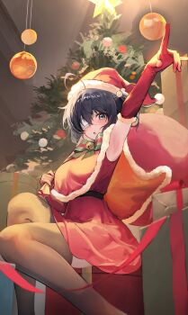 1girl :o absurdres ahoge armpits black_thighhighs blue_eyes blue_hair breasts christmas christmas_tree commentary eyepatch fur-trimmed_gloves fur_trim gloves green_ribbon gunu_(nyzn3223) hat highres looking_at_viewer medical_eyepatch medium_breasts ribbon santa_costume santa_hat short_hair sitting symbol-only_commentary takanashi_rikka thighhighs