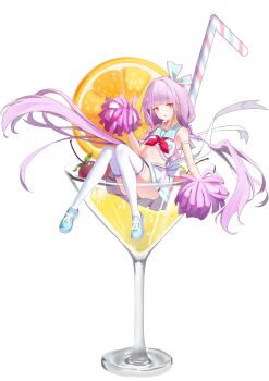 Rule 34 | 1girl, absurdres, assault lily, cheerleader, cherry, chinese commentary, cocktail glass, commentary request, cup, drinking glass, drinking straw, food, fruit, full body, highres, hitotsuyanagi yuri, long hair, looking at viewer, low twintails, midriff, neckerchief, orange (fruit), orange slice, pom pom (cheerleading), purple hair, red neckerchief, shoes, solo, thighhighs, twintails, very long hair, white thighhighs, yiersanzhuqi