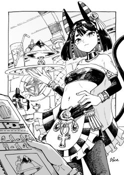 1boy 1girl 1other absurdres ambiguous_gender ancient_egyptian animal_ears anubis_(mythology) apron armlet bastet_(mythology) black_hair bracelet breasts cafe cat_ears cat_girl cat_tail coffee_mug cup detached_sleeves dice_(dice_in_dice) drinking_glass drinking_straw earrings egyptian_mythology food frilled_apron frills hairband hand_on_own_hip hieroglyphics highres holding holding_menu holding_tray ice ice_cream jewelry looking_at_viewer menu monochrome mug navel nemes original signature small_breasts strapless tail tray tube_top usekh_collar window