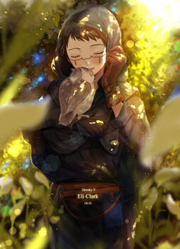 1boy animal_on_arm archived_source belt belt_pouch bird bird_on_arm blue_robe blurry blurry_background brown_belt brown_gloves brown_hair character_name cloak closed_eyes copyright_name dappled_sunlight dated eli_clark facial_mark facing_viewer gloves highres hood hood_up hooded_cloak identity_v leaf light_particles male_focus no_blindfold nu_hanken owl plant pouch robe short_hair smile solo sunlight upper_body