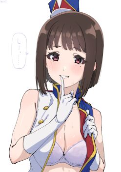 Rule 34 | 1girl, band uniform, bare shoulders, blush, bob cut, bra, breasts, brown eyes, brown hair, cleavage, elbow gloves, finger to mouth, gloves, hat, hibike! euphonium, highres, hizikit, looking at viewer, medium breasts, mini hat, mini shako cap, mole, mole under eye, multicolored vest, nakaseko kaori, open clothes, open vest, parted lips, shako cap, short hair, shushing, simple background, solo, speech bubble, sweat, translation request, underwear, upper body, vest, white background, white bra, white gloves