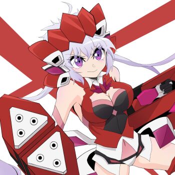 Rule 34 | 1girl, ahoge, bare shoulders, bodysuit, breasts, cleavage, commentary request, double-parted bangs, floating hair, gloves, gun, hair between eyes, hair ornament, highres, holding, holding gun, holding weapon, large breasts, long hair, purple eyes, red background, senki zesshou symphogear, simple background, smile, solo, twintails, two-tone background, upper body, user ruwa7424, very long hair, weapon, white background, white hair, yukine chris