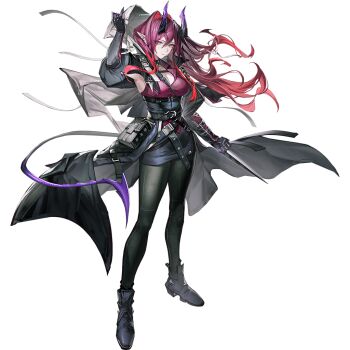 1girl ankle_boots arknights arm_up ascalon_(arknights) belt black_belt black_gloves black_leggings blue_boots blue_skirt boots breasts cenm0 cleavage closed_mouth collared_shirt demon_horns demon_tail expressionless floating_clothes floating_hair full_body gloves gradient_hair gradient_horns hair_intakes high-waist_skirt hood horns juliet_sleeves leggings legs_apart long_hair long_sleeves looking_at_viewer multicolored_hair multicolored_horns multiple_belts official_art open_collar pencil_skirt pink_eyes pink_hair pointy_ears popped_collar pouch puffy_sleeves purple_hair purple_horns purple_shirt purple_tail red_hair removing_hood serious shirt simple_background skirt sleeveless sleeveless_shirt solo standing tachi-e tail teardrop_facial_mark third-party_source transparent_background underbust very_long_hair