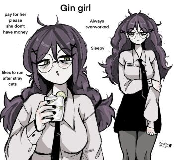 1girl arm_under_breasts black_eyeliner black_nails black_necktie black_skirt blush braid breasts closed_mouth collared_shirt cup english_text ershmash eyeliner food fruit glass grey_pants hair_between_eyes hand_up holding holding_cup lemon lemon_slice light_smile long_hair long_sleeves low_twin_braids makeup medium_breasts messy_hair nail_polish necktie open_mouth original pants pencil_skirt purple_hair shirt shirt_tucked_in simple_background skirt smile solo tie_clip twin_braids very_long_hair white_background white_shirt yellow_eyes