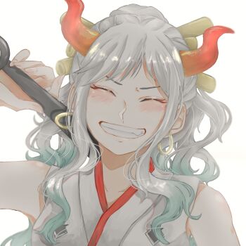 1girl ^_^ absurdres blush clenched_teeth closed_eyes club club_(weapon) commentary_request curled_horns highres holding holding_weapon horns japanese_clothes kanabou kimono one_piece ponytail red_horns sidelocks simple_background sleeveless sleeveless_kimono solo teeth u_mi031 upper_body weapon white_background white_kimono yamato_(one_piece)