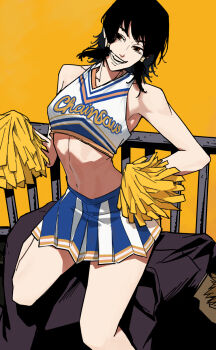 1girl bare_shoulders black_hair blue_skirt chainsaw_man cheerleader commentary_request copyright_name crop_top feet_out_of_frame highres looking_at_viewer madoro_q medium_hair midriff mifune_fumiko navel open_mouth pleated_skirt pom_pom_(cheerleading) railing red_eyes sidelocks simple_background sitting sitting_on_person skirt smile solo_focus tank_top teeth white_tank_top yellow_background