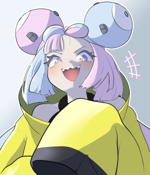 Rule 34 | +++, 1girl, :d, absurdres, bright pupils, character hair ornament, commentary request, grey background, hair ornament, highres, iono (pokemon), jacket, korean commentary, laughing, long hair, long sleeves, looking at viewer, looking down, matdol, multicolored hair, nintendo, open mouth, pokemon, pokemon sv, sleeves past fingers, sleeves past wrists, smile, solo, teeth, two-tone hair, upper body, upper teeth only, white pupils, yellow jacket