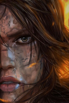 1girl brown_eyes brown_hair female_focus gradient_background highres lara_croft long_hair looking_at_viewer realistic solo tomb_raider tomb_raider_(reboot)
