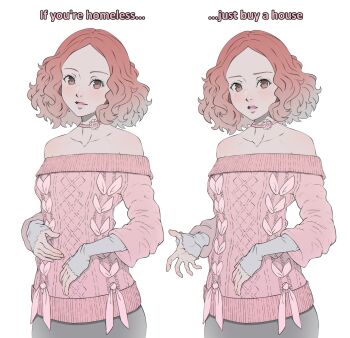 1girl absurdres arnaud_tegny bare_shoulders brown_eyes brown_hair choker clueless collarbone curly_hair english_text flower flower_choker fluffy_hair gradient_hair highres looking_at_viewer medium_hair multicolored_hair okumura_haru open_mouth persona persona_5 pink_choker pink_flower pink_rose pink_sweater rose sweater talking upper_body