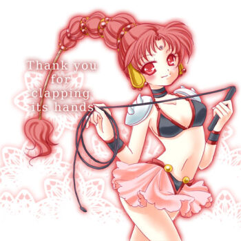 1990s_(style) 1girl armor bikini bindi bishoujo_senshi_sailor_moon bishoujo_senshi_sailor_moon_supers choker ear_covers english_text engrish_text female_focus long_hair lowres multi-tied_hair navel pauldrons ranguage red_eyes red_hair retro_artstyle shirataki_kaiseki shoulder_armor skirt smile solo swimsuit thank_you vesves_(sailor_moon) whip
