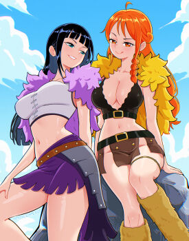 2girls :q absurdres black_hair blue_eyes blue_sky blush breasts brown_skirt cleavage cloud commentary day elpipe_3000 fur-trimmed_jacket fur_trim highres jacket large_breasts long_hair looking_at_another looking_at_viewer midriff multiple_girls nami_(one_piece) navel nico_robin one_piece orange_eyes orange_hair outdoors purple_skirt sitting skirt sky smile tongue tongue_out