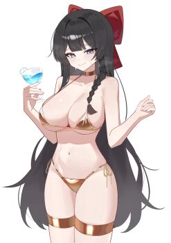 1girl absurdres bare_arms bare_shoulders bikini black_hair blue_eyes bow braid breasts cleavage closed_mouth cocktail_glass cowboy_shot cup drinking_glass g_godocbaek gold_bikini gold_choker hair_bow hands_up heavy_breathing highres holding holding_cup large_breasts long_hair looking_at_viewer navel shirayuki_hina side-tie_bikini_bottom simple_background smile solo stellive stomach string_bikini sweat swimsuit thigh_strap thighs very_long_hair wavy_mouth white_background