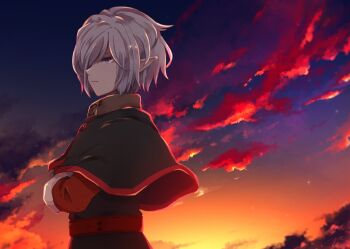 1boy closed_mouth cloud kotori_(lycka) looking_at_viewer lucifer_(star_ocean) male_focus pointy_ears robe short_hair solo star_ocean star_ocean:_the_second_story white_hair