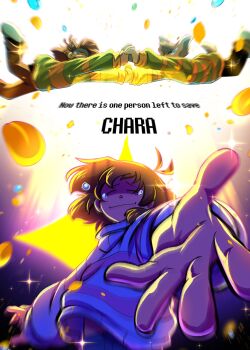 1boy 2others absurdres animal_ears artsyrean brown_hair brown_pants chara_(undertale) character_name crying english_text frisk_(undertale) goat_boy goat_ears highres holding_hands long_sleeves looking_at_viewer multiple_others pants red_eyes streaming_tears striped_clothes striped_sweater sweater tears undertale utdr_(toby_fox)