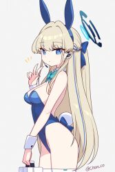 Rule 34 | 1girl, animal ears, blonde hair, blue archive, blue bow, blue bowtie, blue eyes, blue halo, blue leotard, bow, bowtie, braid, breasts, briefcase, chan co, detached collar, earpiece, fake animal ears, fake tail, hair bow, half up braid, halo, highleg, highleg leotard, highres, holding, holding briefcase, leotard, long hair, looking at viewer, medium breasts, multicolored hair, official alternate costume, playboy bunny, rabbit ears, rabbit tail, sideboob, solo, strapless, strapless leotard, streaked hair, tail, thighhighs, toki (blue archive), toki (bunny) (blue archive), v, very long hair, white thighhighs, wrist cuffs