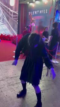 animated ayakakashi ayakakashi_(cosplay) bent_over black_eyes black_hair black_serafuku black_shirt black_skirt breasts cosplay expressionless hair_between_eyes highres japanese_(nationality) logo looking_at_another looking_at_viewer midriff navel neckerchief photo_(medium) photo_(object) priestess_sakuko real_life red_neckerchief rope rope_marks school_uniform sculpture serafuku shaded_face shirt short_hair silent_hill_(series) silent_hill_f skirt smile sound tagme torn_clothes torn_shirt torn_skirt underboob video walking