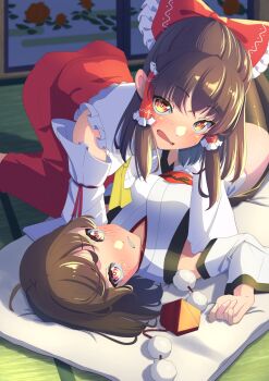 2girls :o ahoge all_fours amanoyayuki ascot black_thighhighs black_trim blurry blurry_background blush bow breasts brown_eyes brown_hair clenched_teeth commentary_request crossed_bangs detached_sleeves embarrassed feet_out_of_frame frilled_bow frilled_hair_tubes frills hair_bow hair_tubes hakurei_reimu hat highres japanese_clothes kimono knee_up kourindou_tengu_costume long_skirt long_sleeves looking_at_viewer lying mattress medium_breasts medium_hair multiple_girls obi obijime on_back open_mouth pom_pom_(clothes) red_bow red_eyes red_hat red_ribbon red_sash red_shirt red_skirt ribbon ribbon-trimmed_sleeves ribbon_trim sash shameimaru_aya shirt short_hair side_slit sidelighting skirt swept_bangs teeth thighhighs tokin_hat touhou unworn_hat unworn_headwear white_kimono white_sleeves wide_sleeves yellow_ascot yuri