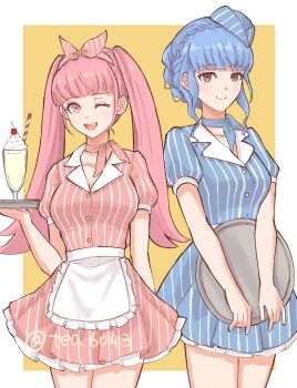 Rule 34 | 2girls, alternate costume, apron, blue hair, blue shirt, blue skirt, blush, bow, bow hairband, braid, breasts, brown eyes, choker, closed mouth, crown braid, cup, fire emblem, fire emblem: three houses, hairband, hat, highres, hilda valentine goneril, holding, holding tray, long hair, looking at viewer, marianne von edmund, medium breasts, milkshake, multiple girls, nintendo, one eye closed, open mouth, pink eyes, pink hair, pink shirt, pink skirt, shirt, short sleeves, skirt, smile, tea6043, thighs, tray, twintails, waitress, white apron