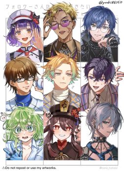 !? 2girls 6+boys ace_of_diamond adjusting_eyewear baseball black-framed_eyewear black_nails blonde_hair blue_hair blush boku_no_hero_academia bracelet breasts brown_eyes brown_hair chain character_request check_character check_costume choker cleavage coat collared_shirt colored_eyelashes commentary_request earrings eyelashes fang flower flower-shaped_pupils followers_favorite_challenge genshin_impact glasses gloves gradient_hair green_eyes green_hair grey_hair hagakure_toru hair_between_eyes hair_ornament hairclip harness hat hat_flower highres horns hu_tao_(genshin_impact) jacket jewelry koyanagi_rou koyanagi_rou_(2nd_costume) long_hair looking_at_viewer miyuki_kazuya multicolored_hair multiple_boys multiple_bracelets multiple_drawing_challenge multiple_girls multiple_rings nanase_suzuna nanase_suzuna_(1st_costume) necktie nijisanji nijisanji_en one_eye_closed open_mouth orange_eyes piercing porkpie_hat purple_eyes purple_hair red_eyes ring saiki_ittetsu shirt short_hair smile sunglasses symbol-shaped_pupils turtleneck twintails twitter_username usami_rito vantacrow_bringer virtual_youtuber white_background wise_(zenless_zone_zero) yellow_eyes yuuki_(yuuki86250) zenless_zone_zero