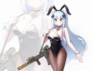 1girl animal_ears assault_rifle black_choker black_leotard black_pantyhose breasts choker cleavage commentary covered_navel fake_animal_ears girls&#039;_frontline green_eyes gun hair_ornament highres hk416_(girls&#039;_frontline) jiwon_(sj1) large_breasts leotard long_hair looking_at_viewer pantyhose playboy_bunny rabbit_ears rifle sidelocks solo teardrop_facial_mark weapon white_background white_wrist_cuffs wrist_cuffs zoom_layer