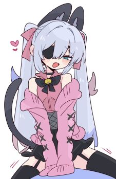1boy :d animal_ear_fluff animal_ears arms_between_legs bare_shoulders bell black_bow black_bowtie black_choker black_corset black_skirt black_thighhighs blue_eyes blue_hair blush bow bowtie cardigan cat_boy cat_ears cat_tail choker colored_tips commentary corset cowboy_shot crossdressing crossdressing_(mtf) extra_ears eyepatch fang flipped_hair garter_straps grey_tail hair_between_eyes hair_bow hair_intakes hashtag-only_commentary heart highres legs_apart long_hair long_sleeves looking_at_viewer male_focus miniskirt multicolored_hair narrowed_eyes neck_bell no_nose off_shoulder one_eye_covered op_na_yarou open_cardigan open_clothes open_mouth original pink_bow pink_cardigan pink_shirt quad_tails raised_inner_eyebrows red_hair rigel_(op_na_yarou) shirt sidelocks simple_background skin_fang skirt sleeveless sleeveless_shirt sleeves_past_fingers sleeves_past_wrists smile solo straddling straight_hair tail thighhighs trap v_arms very_long_hair white_background white_hair