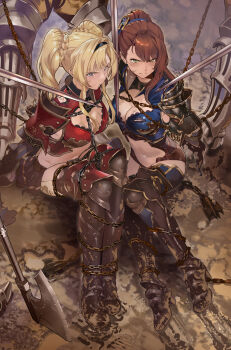 2girls absurdres armor arms_behind_back axe battle_damage bdsm beatrix_(granblue_fantasy) blonde_hair blue_eyes bondage boots bound breasts brown_hair captured chain chained cleavage cleavage_cutout clothing_cutout commission defeat dirty gauntlets granblue_fantasy green_eyes high_heel_boots high_heels highres large_breasts long_hair mud multiple_girls navel pauldrons ponytail restrained shoulder_armor sword tears thighhighs torn_clothes twintails weapon yewang19 zeta_(granblue_fantasy)