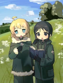 Rule 34 | 2girls, :d, absurdres, ahoge, biki wanghy, black eyes, black gloves, black hair, blonde hair, blue eyes, book, chito (shoujo shuumatsu ryokou), cloud, cloudy sky, coat, daisy (flower), flower, fur-trimmed coat, fur trim, gloves, grass, green coat, green pants, highres, holding, holding book, holding flower, low twintails, military uniform, multiple girls, open mouth, pants, shoujo shuumatsu ryokou, sidelocks, sky, smile, tree, twintails, yuuri (shoujo shuumatsu ryokou)