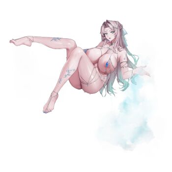 1girl aqua_eyes aqua_ribbon areola_slip armlet bikini blue_eyeshadow blue_gemstone blue_nails bracelet braid breasts collarbone cryokinesis crystal_hair_ornament crystal_necklace eyeliner eyeshadow fortune_bikini gem hair_intakes hair_ribbon half_up_braid head_chain highres huge_breasts ice_crystal jewelry last_origin long_hair looking_at_viewer lower_teeth_only makeup micro_bikini mnemosyne_(last_origin) nail_polish navel necklace non-web_source official_alternate_costume official_art open_mouth pearl_anklet pearl_bracelet pink_hair red_eyeliner ribbon simple_background sitting skindentation solo string_bikini swimsuit tachi-e teeth thick_thighs thighlet thighs toe_ring toenail_polish toenails transparent_background tunamayo_(dsasd751) venus_bikini wet