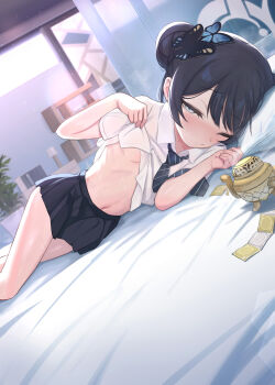 1girl bed black_hair black_necktie black_skirt blue_archive breasts butterfly_hair_ornament clothes_lift condom condom_wrapper dmkmoon double_bun grey_eyes grey_halo hair_bun hair_ornament halo highres indoors kisaki_(blue_archive) kisaki_(school_uniform)_(blue_archive) lifting_own_clothes loli long_hair looking_at_viewer lying navel necktie on_bed on_side one_eye_closed shirt shirt_lift short_sleeves skirt small_breasts solo striped_necktie sweat white_shirt