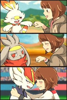 1girl blush bob_cut brown_eyes brown_hair cardigan cinderace closed_eyes commentary_request dynamax_band evolutionary_line fist_bump gen_8_pokemon gloria_(pokemon) green_headwear grey_cardigan gym_challenge_uniform hat holding holding_pokemon hood hooded_cardigan matsuri_(matsuike) multiple_views nintendo one_eye_closed open_mouth pokemon pokemon_(creature) pokemon_swsh raboot scorbunny short_hair smile stadium tam_o'_shanter tearing_up teeth tongue
