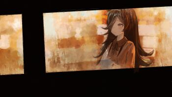 Rule 34 | 1girl, :/, absurdres, asymmetrical bangs, black ribbon, blurry, blurry background, bow, bow hairband, breasts, brown dress, brown hair, closed mouth, collared dress, commentary, condensation, cup, dress, flipped hair, from outside, garoppui, grey bow, grey hairband, hair over one eye, hairband, highres, holding, holding cup, long bangs, long hair, long sleeves, looking ahead, neck ribbon, official alternate costume, one eye covered, pink eyes, ribbon, rice shower (casual) (umamusume), rice shower (umamusume), small breasts, solo, steam, umamusume, window, window fog