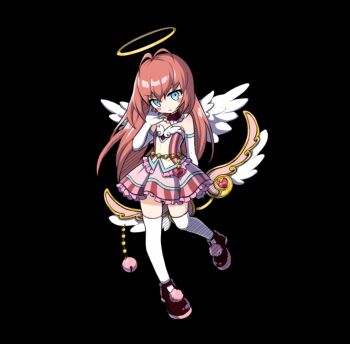 1girl :t angel angel_wings bell black_background blue_eyes blush_stickers bow_(weapon) brown_shoes closed_mouth dress elbow_gloves feathered_wings flat_chest full_body gloves hair_between_eyes halo holding holding_bow_(weapon) holding_weapon long_hair merc_storia merc_storia_art_team official_art open_hand pink_hair shoes short_dress sidelocks simple_background solo strapless strapless_dress tachi-e therese_(merc_storia) thighhighs thighs v-shaped_eyebrows weapon white_gloves white_thighhighs white_wings wings