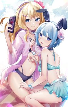 2girls animal_ears bare_back bare_legs bare_shoulders bikini black_bikini black_choker blonde_hair blue_bikini blue_eyes blue_hair blush cellphone choker hair_ornament hands_on_another&#039;s_thighs highres multiple_girls navel om_rm1101 otosaka_shion_(shadowverse_flame) phone pink_hair purple_hair rabbit_ears rabbit_tail shadowverse shadowverse_(anime) shadowverse_flame shy smartphone smile stomach swimsuit tail takanashi_tsubasa_(shadowverse_flame)