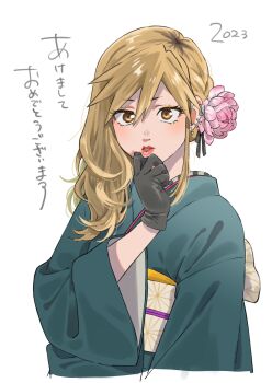 1girl black_gloves blonde_hair ear_piercing flower gloves hair_flower hair_ornament highres japanese_clothes kikyou_seri kimono lips long_hair long_sleeves looking_at_viewer new_year piercing sagawa_haruka simple_background solo white_background yofukashi_no_uta