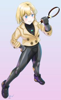 1girl blonde_hair blue_eyes blush bodysuit cosplay crossover emma_(pokemon) emma_(pokemon)_(cosplay) highres hololive jacket looking_at_viewer magnifying_glass nintendo pokemon pokemon_legends:_z-a shoes short_hair veldvideogames watson_amelia
