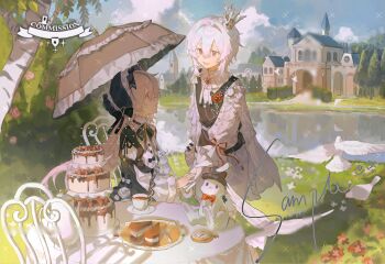 2girls :d bird black_bonnet black_dress black_vest bonnet cake cake_slice cloud commission crown cup day double-parted_bangs dove dress food fruit grass hair_between_eyes highres holding_hands long_hair long_sleeves multiple_girls open_mouth original outdoors rabbit red_eyes sample_watermark saucer shirt short_hair sitting smile strawberry table teacup teapot thoough umbrella vest watermark white_hair white_shirt