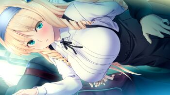 Rule 34 | 1boy, 1girl, black dress, blonde hair, blue eyes, blush, breasts, chikan, dress, dutch angle, game cg, groping, highres, imminent breast grab, kongoin ranze orwell, kyokugen chikan tokuiten 3, large breasts, looking back, m&amp;m (mickey and mackey), molestation, reaching, reaching towards another, shirt, white shirt