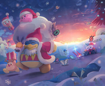 1up :o antlers blue_hat bow bowtie box bronto_burt bull_tank chilly_(kirby) christmas closed_eyes closed_mouth commentary_request evening fur-trimmed_jacket fur-trimmed_sleeves fur_trim gift gift_box hat highres holding holding_sack horns jacket king_dedede kirby kirby_(series) kirby_air_ride kirby_air_riders long_sleeves marx_(kirby) nintendo no_humans open_mouth outdoors polka_dot_headwear red_bow red_bowtie red_hat red_jacket reindeer_antlers ringle sack santa_hat sky smile snow snowing sparkle starman_(kirby) sunset suyasuyabi tree twitter_username two-tone_hat ufo_(kirby) waddle_dee watermark winter