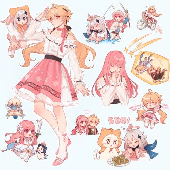 +_+ ... 1boy 3girls @_@ ^_^ absurdres aether_(genshin_impact) ahoge animal_ear_hood animal_ears animal_print ankle_socks arm_cutout bare_shoulders belt belt_buckle bicycle bicycle_basket black_belt black_bow black_pants black_ribbon blonde_hair blue_background blue_cape blue_cloak blue_shirt blunt_bangs boots bow bow_choker bow_legwear bowtie bra_strap brother_and_sister brown_eyes brown_hat buckle buttons cape cat cat_ears center_frills choker cloak closed_eyes clothing_cutout collar collarbone commentary cosplay cross-laced_clothes cross-laced_legwear crossdressing crossdressing_(mtf) crossover detached_collar dress ear_covers english_commentary english_text eyelashes faewish_sprite fake_animal_ears falling fish_print fishing fishing_rod flower frilled_dress frilled_shirt frilled_skirt frilled_sleeves frills genshin_impact grey_hair hair_between_eyes hair_bow hair_flower hair_ornament hair_ribbon hair_undone halo hat high_heels highres holding holding_fishing_rod holding_sword holding_weapon hood hood_up hooded_cloak infinity_nikki jacket knee_boots knees layered_skirt light_blush long_hair long_sleeves low_twintails lumine_(genshin_impact) lumine_(genshin_impact)_(cosplay) medium_skirt messy_hair momo_(nikki) momo_(nikki)_(cosplay) multiple_girls multiple_views nikki_(nikki) nikki_(nikki)_(cosplay) nikki_(series) off-shoulder_shirt off_shoulder open_clothes open_jacket outline paimon_(genshin_impact) paimon_(genshin_impact)_(cosplay) pants pantyhose perfect_start_(infinity_nikki) pink_bow pink_bowtie pink_choker pink_hair pink_shoes pink_skirt pleated_skirt puffy_long_sleeves puffy_short_sleeves puffy_sleeves pumps ribbon riding riding_bicycle rippling_serenity_(infinity_nikki) romper see-through_clothes see-through_sleeves shared_speech_bubble shirt shoes shooting_star short_hair short_sleeves siblings sidelocks simple_background skirt sleeves_past_wrists snowflake_print snowflakes socks space_print sparkle_hair_ornament sparkling_eyes speech_bubble splashing spoken_ellipsis starry_sky_print strapless strapless_dress striped_bow striped_bowtie striped_choker striped_clothes susdish sword tress_ribbon twintails very_long_hair wading water wavy_mouth weapon whiskers white_boots white_cat white_collar white_dress white_flower white_jacket white_outline white_pants white_pantyhose white_romper white_shirt white_skirt white_socks yellow_cape yellow_cloak yellow_halo yellow_shoes