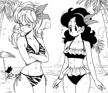 Rule 34 | 1boy, 2girls, animal print, beach, bikini, black hair, blonde hair, breasts, cleavage, dragon ball, frilled bikini, frills, ghouse 01, hair ribbon, long hair, lunch (bad) (dragon ball), lunch (dragon ball), lunch (good) (dragon ball), monochrome, multiple girls, navel, ocean, palm tree, ribbon, side-tie bikini bottom, son goku, swimsuit, thighs, tiger print, tree