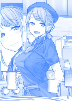 1girl :d apron blue_theme blush breasts close-up closed_mouth coffee_maker coffee_pot collared_shirt comic cup disposable_cup eyebrows hat himura_kiseki holding holding_cup indoors kerchief large_breasts long_hair low_ponytail monochrome mug open_mouth original plate pocket ponytail shirt short_sleeves sign silent_comic smile table tray upper_body wing_collar