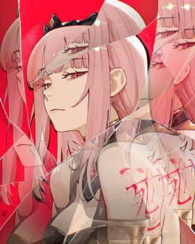 1girl armlet black_dress black_tiara breasts broken_glass cleavage dress glass highres hololive hololive_english jewelry large_breasts long_hair mori_calliope mori_calliope_(1st_costume) ninochuu pink_background pink_eyes pink_hair reflection solo tiara translation_request virtual_youtuber