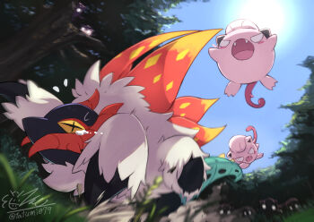 blue_sky chasing commentary_request day fangs fleeing flying_sweatdrops grass highres nature nintendo no_humans no_pupils o_o open_mouth outdoors pokemon pokemon_(creature) pokemon_focus scream_tail sky slither_wing sun sweatdrop tatsumi_(panneko) tears tree yellow_eyes