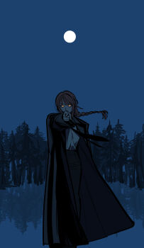 1girl absurdres black_coat black_necktie black_pants braid chainsaw_man coat eyelashes full_moon highres long_hair long_sleeves looking_at_viewer makima_(chainsaw_man) margare moon necktie night open_clothes open_coat orange_eyes outdoors pants pointing pointing_at_viewer red_hair ringed_eyes shirt shirt_tucked_in single_braid sky solo standing tree