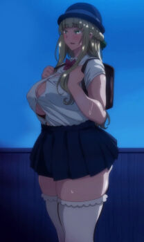 1girl 2022 20s anime_screenshot backpack bag blonde_eyebrows blonde_hair breasts bursting_breasts button_gap cleavage colored_eyelashes curvy green_eyes huge_breasts kindergarten_uniform long_hair louisa_richter_(seika_jogakuin_kounin_sao_ojisan) pleated_skirt randoseru seika_jogakuin_kounin_sao_ojisan skirt solo standing stitched tagme thick_thighs thighhighs thighs third-party_edit undersized_clothes white_thighhighs zettai_ryouiki