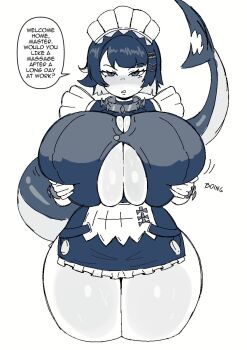 1girl 2025 2d_artwork black_hair bouncing_breasts breasts buttons choker cleavage collar covered_erect_nipples curvaceous_figure curvy ellen_joe english_text expressionless female_focus fins fish_tail gigantic_breasts headdress huge_breasts imminent_paizuri jiggle large_breasts looking_at_viewer maid maid_headdress mihoyo mole mole_under_eye monochrome motion_lines multicolored_hair nipples offering offering_to_viewer open_clothes open_shirt paizuri_invitation picote pov revealing_clothes shark shark_girl shark_tail skindentation solo sweat sweatdrop tail talking thick_thighs thighs thighs_bigger_than_head tight_clothes two-tone_hair unbuttoned underboob white_background wide_hips zenless_zone_zero